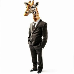 Obraz premium Businessman with a giraffe head standing with hands in pockets
