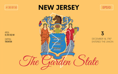 Vector poster background of the US state of New Jersey, with name, map borders, state flag design, nickname, order number and date of admission to the Union, capital, area. Illustration 30 of 50. 