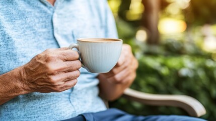 Middle-aged man with slight tremor holding cup of coffee on park bench, symbolizing struggle with Parkinson's disease, calm natural setting.