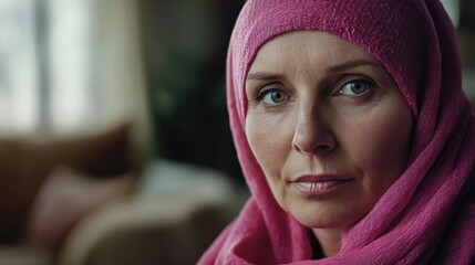 Fototapeta premium A older woman with cancer, wearing a pink scarf, looks directly into the camera Breast Cancer support