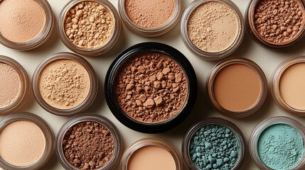 Fototapeta premium Various shades of face powder and foundation in open containers