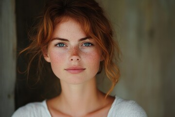 Naklejka premium Young woman with freckles, Generative AI