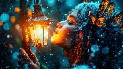 Fototapeta premium Enchanted Winter Fairy with Lantern in Snowy Forest
