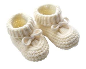 Overhead shot of a set of baby booties in soft white wool isolated on a transparent background