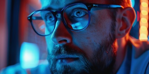 Technician using a tablet in a server room, analyzing data and coding, focused on information technology solutions and database management at night