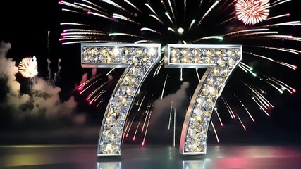 Dazzling crystal diamond number seventy seven 77 shines brightly against a contrasting dark backdrop. Fireworks in the background. For congratulations and anniversaries - Powered by Adobe