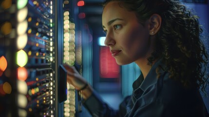 IT support engineer working on a laptop in a dark server room with network and data center elements, focused on cybersecurity and troubleshooting
