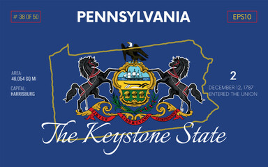 Vector poster background of the US state of Pennsylvania, with name, map borders, state flag design, nickname, order number and date of admission to the Union, capital, area. Illustration 38 of 50. 