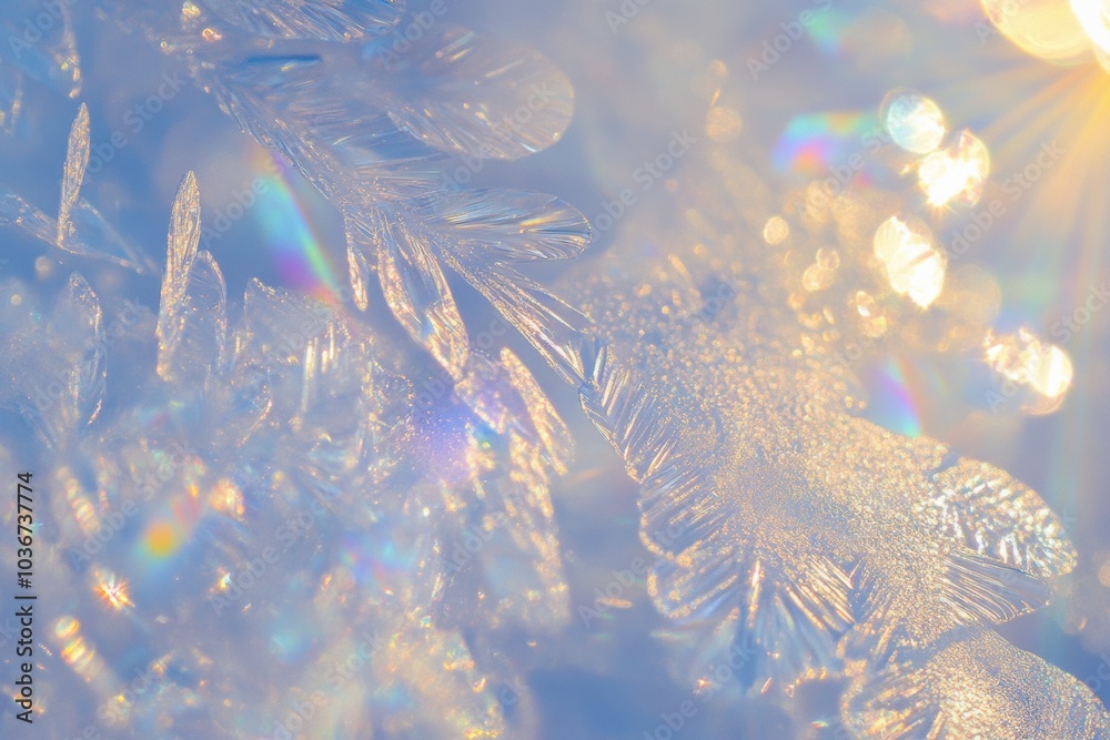 Poster delicate snowflakes glisten in the sunlight, showcasing intricate textures and colors against a soft