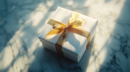 A wedding gift box adorned with a gold ribbon sparkles under subtle light on a marble table