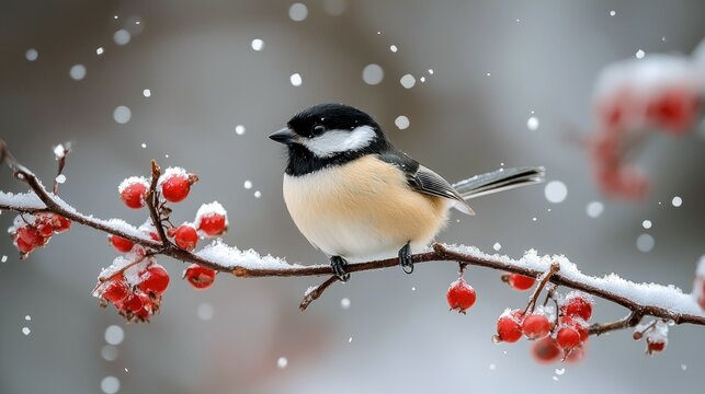 A small black-capped chickadee perches on a snow-covered branch with red berries.