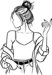 Black Grunge Line Art Style Beauty Elegant Women Use Dress Hand Drawn Illustration