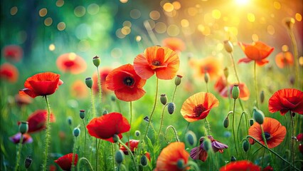 Fototapeta premium Vibrant Red Field Poppies Blooming Amidst Lush Green Grass in Tilt-Shift Photography Style for Nature, Floral, and Landscape Lovers