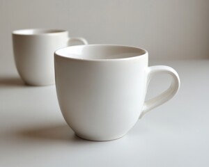 Fototapeta premium Two white coffee mugs sitting on a white table - Food and Drink