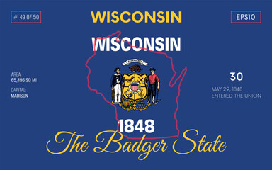 Vector poster background of the US state of Wisconsin, with name, map borders, state flag design, nickname, order number and date of admission to the Union, capital, area. Illustration 49 of 50. 