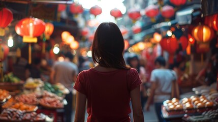 A Woman Walking Through a Traditional Market Decorated with Lanterns