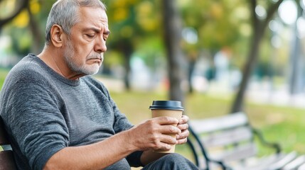 Middle-aged man with slight tremor holding cup of coffee on park bench, symbolizing struggle with Parkinson's disease, calm natural setting.