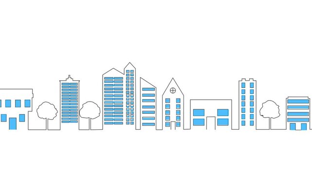 Line Drawing cityscape panorama animation. City building animated illustration outline. City landscape, construction and simplicity
