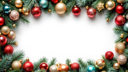 christmas frame with baubles and fir branches for holiday card