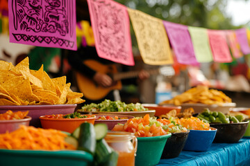 Mexican street food display with colorful papel picado and fresh ingredients
