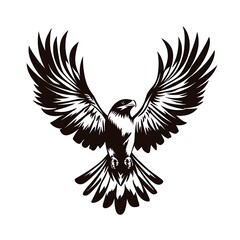 Obraz premium Black and white illustration of a hawk in flight with its wings spread.