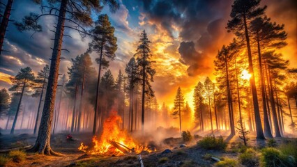 Vintage Style Photography of a Devastating Forest Fire During Dry Season with Charred Trees and Smoke Highlighting Nature's Fury and Environmental Impact, Wildfire Destruction, and Aftermath