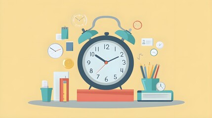 Alarm Clock with Office Supplies and Time Management Concept