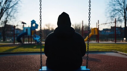 Alone Figure Sitting on Swing at Playground at Dusk