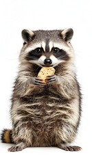 Obraz premium Chubby Raccoon Sitting and Holding Snack on White Background