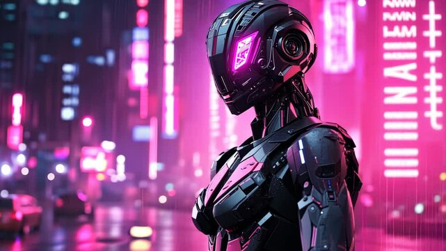 A futuristic android stands in a neon-lit city, its glowing eyes reflecting the vibrant cityscape