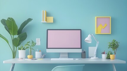 Modern Home Office Desk with Computer and Plants