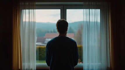 Person Standing by Window with Scenic View