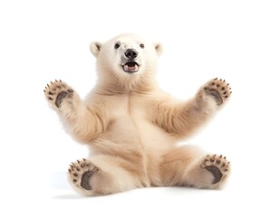 Obraz premium Chubby Polar Bear Cub in Playful Pose with Outstretched Paws on White Background