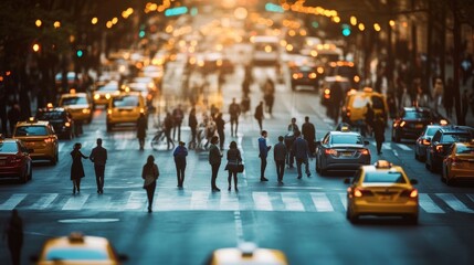 Busy City Street, Pedestrians Crossing at Sunset, Urban Lifestyle and Transportation Concept.