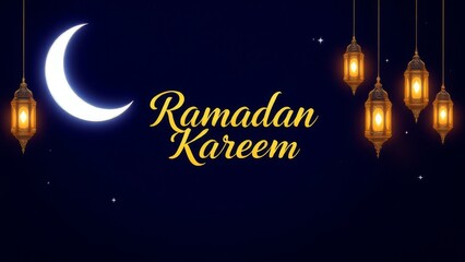 Naklejka premium Islamic mosque with moon, stars, lanterns and clouds at night. Ramadan kareem greeting banner template vector with gold and green colours