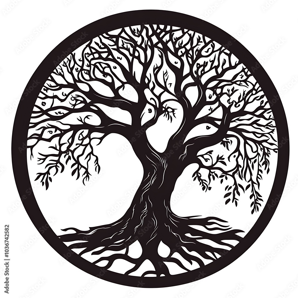 Aufkleber black and white illustration of a tree of life with intricate branches and roots, symbolizing growth