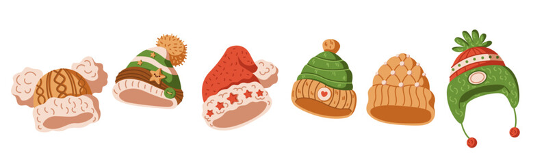 Warm winter hats with holiday motifs flat color vector icon objects set. Collection of cute headdress for children illustrations on white