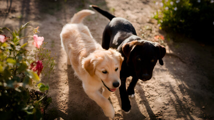 Two playful puppies in a garden setting
