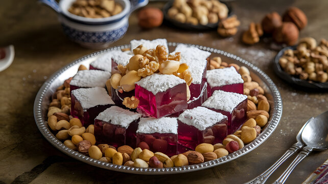 Malban: Chewy, jelly-like confection made from grape molasses, flavored with rosewater or nuts. Cut into small squares, dusted with powdered sugar, and served on a tray with assorted nuts.







