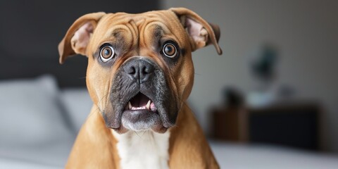 A English Bulldog looking shocked with a very exaggerated expression and open mouth