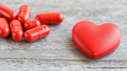 Fototapeta premium Heart Shape and Red Pills on Wooden Background