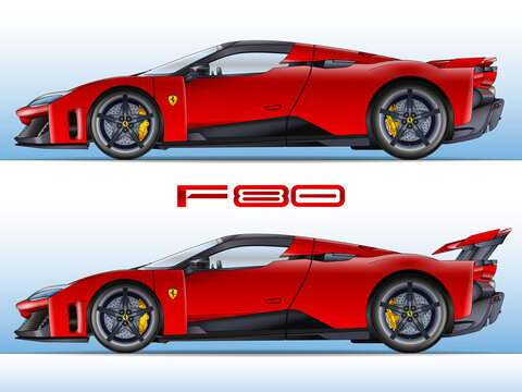 Maranello (Modena) Italy, october 2024, new Ferrari model F80 coloured drawing silhouette, super sport car, illustration