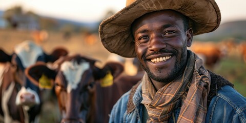 Fototapeta premium Joyful man with animals on a farm, showcasing agriculture and sustainability in a rural setting. Smiling individual surrounded by livestock in a barn or field