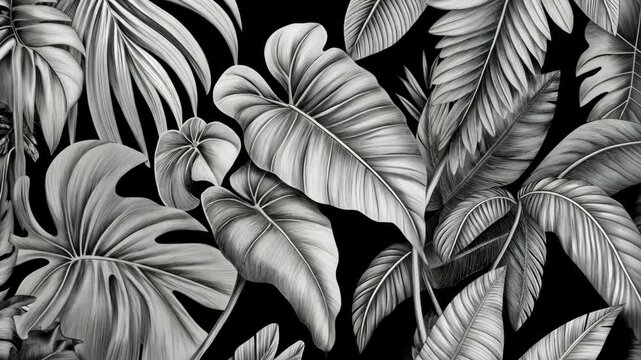 A black and white illustration of tropical leaves on a black background