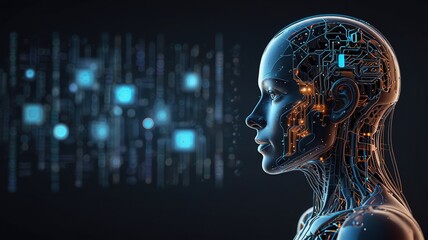 Free Photo Digital AI Artificial Intelligence Head Portrait  chip integral into abstract technology brain on dark blue background	
