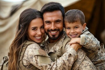 Serviceman reuniting with his family after returning home, Generative AI