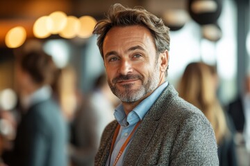 Fototapeta premium Successful business man taking part in a networking event at a conference venue, Generative AI
