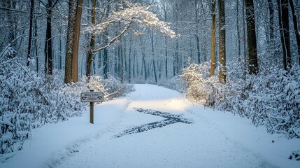 Fototapeta premium A snowy forest path with a wooden signpost.
