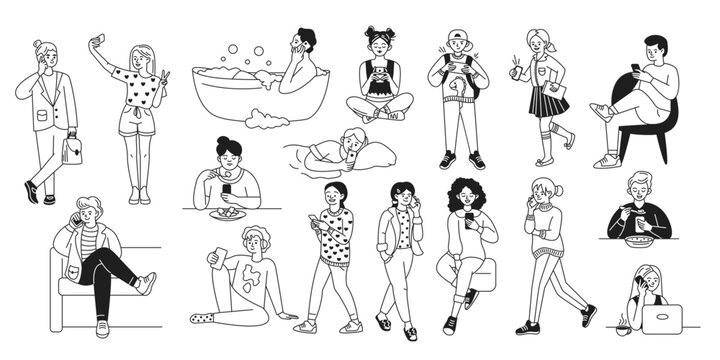 People using smartphones in different situations linear vector icons set. Concept of digital dependency characters illustration collection