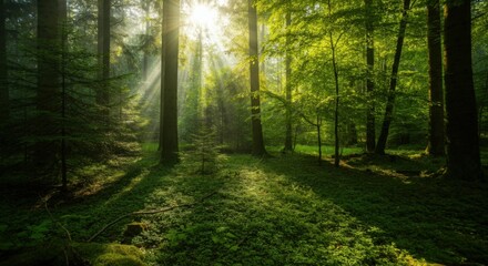 Obraz premium Sunlight shining through dense forest trees